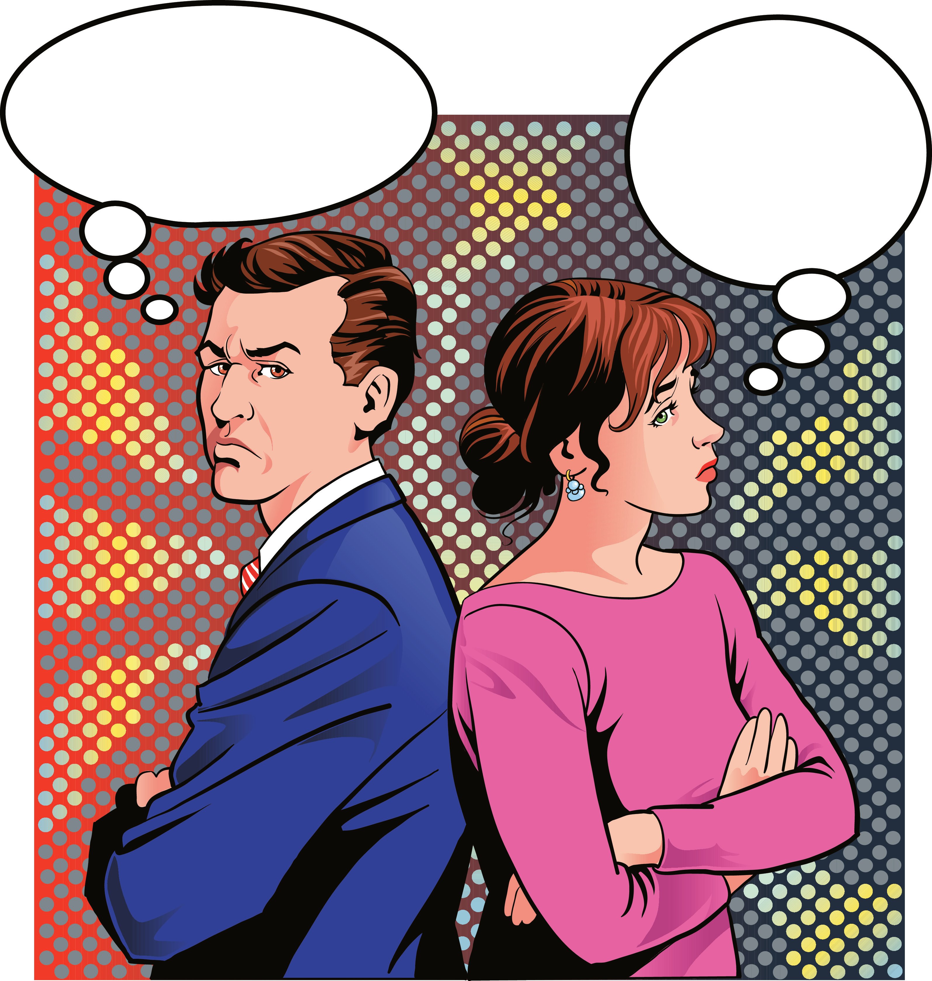 A comic-book image of an angry man and woman with empty thought bubbles