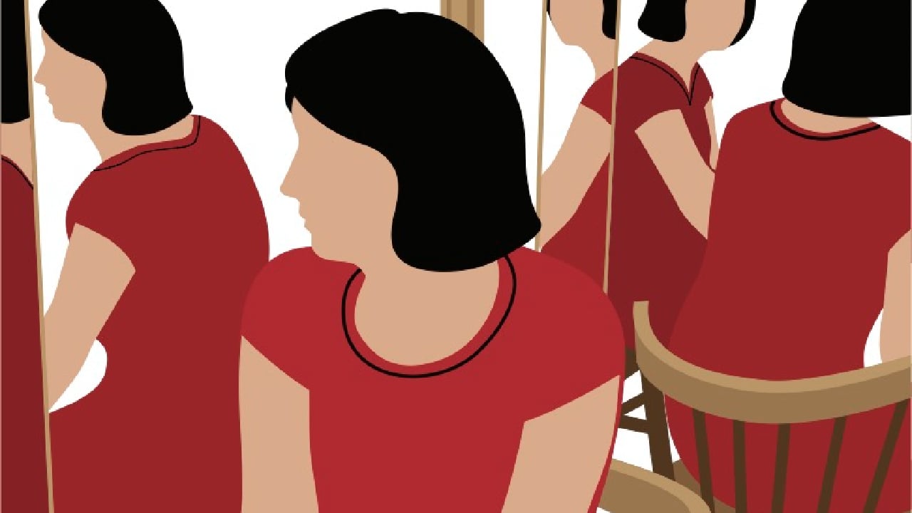 An illustration of a woman in a red shirt, sitting against panels of mirrors and looking at her reflection.
