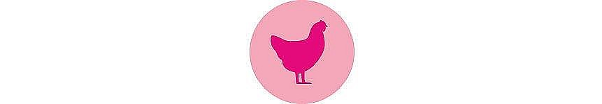 A silhouette of a chicken in a pink circle