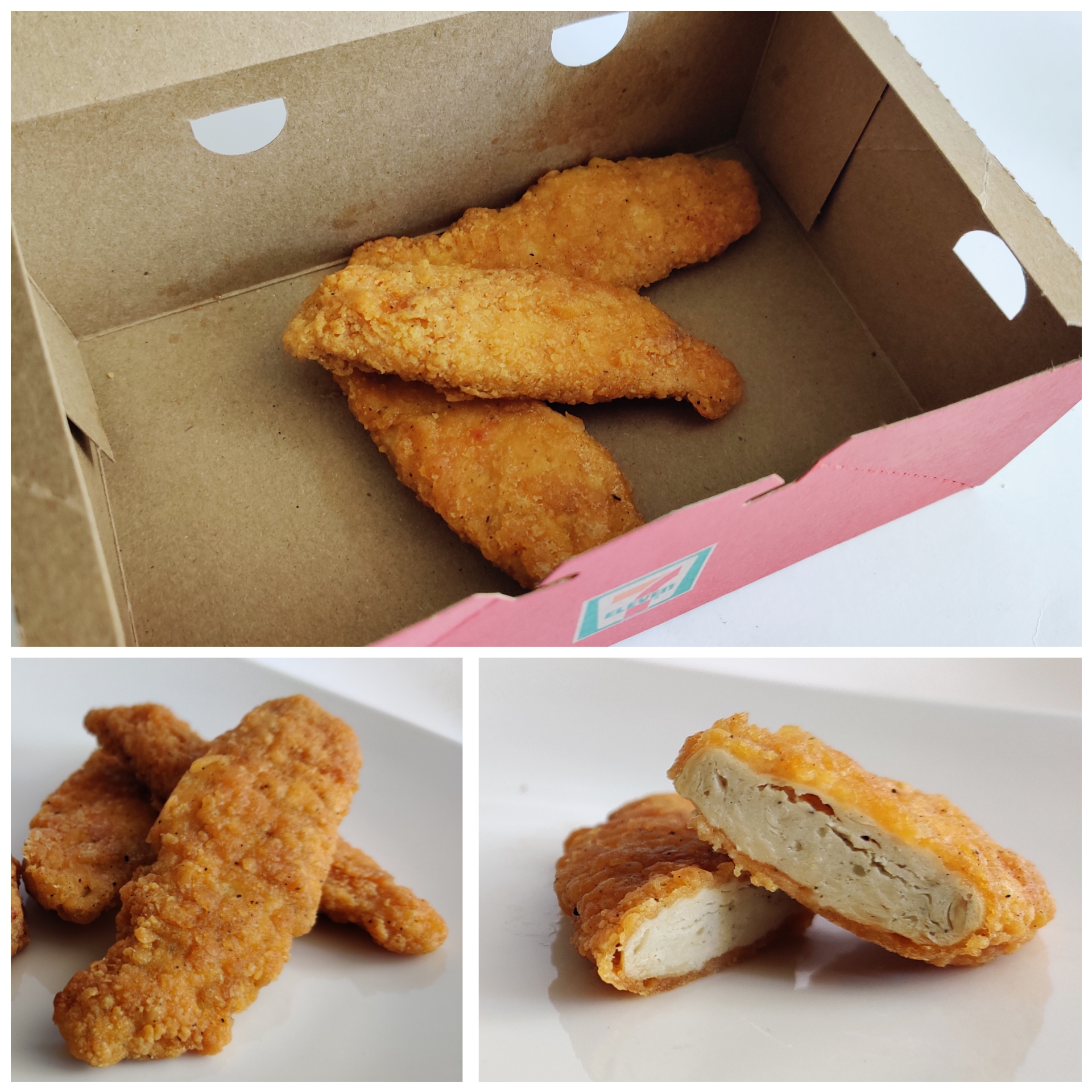 Three photos side-by-side of plant-based chicken tenders from 7 Eleven.