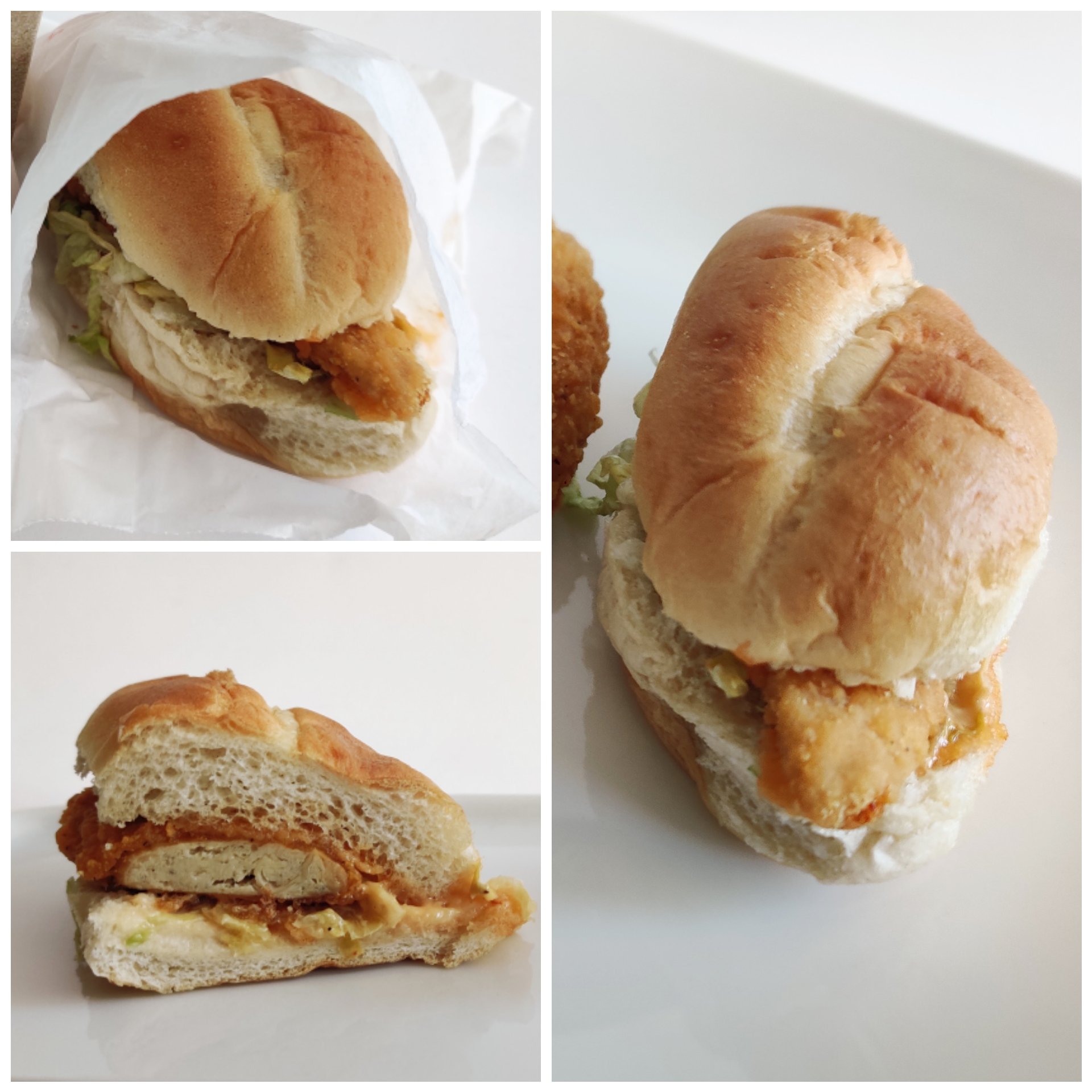 Three photos side-by-side of a plant-based sandwich from Mary Brown's. 