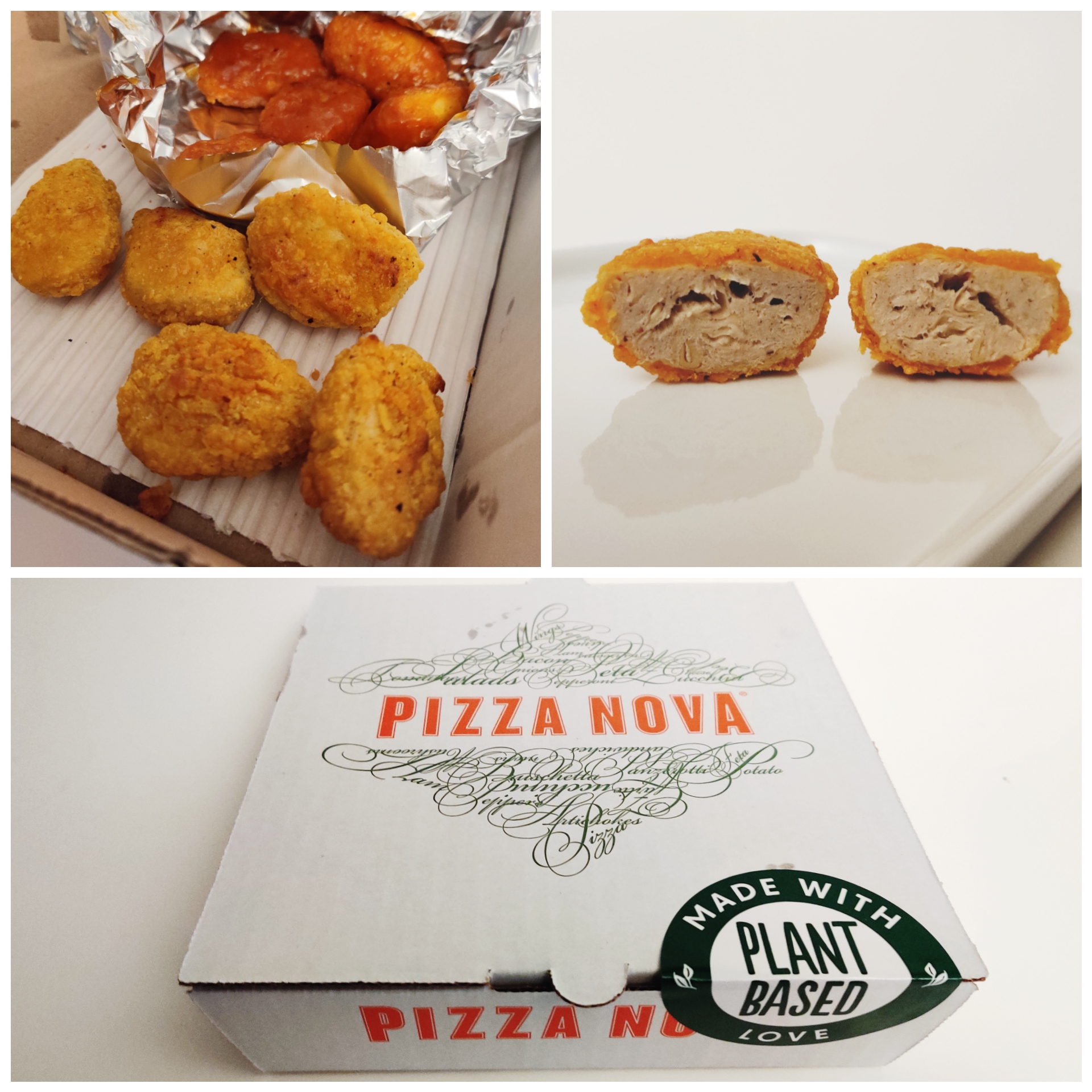 Three photos side-by-side of plant-based chicken tenders from Pizza Nova. 