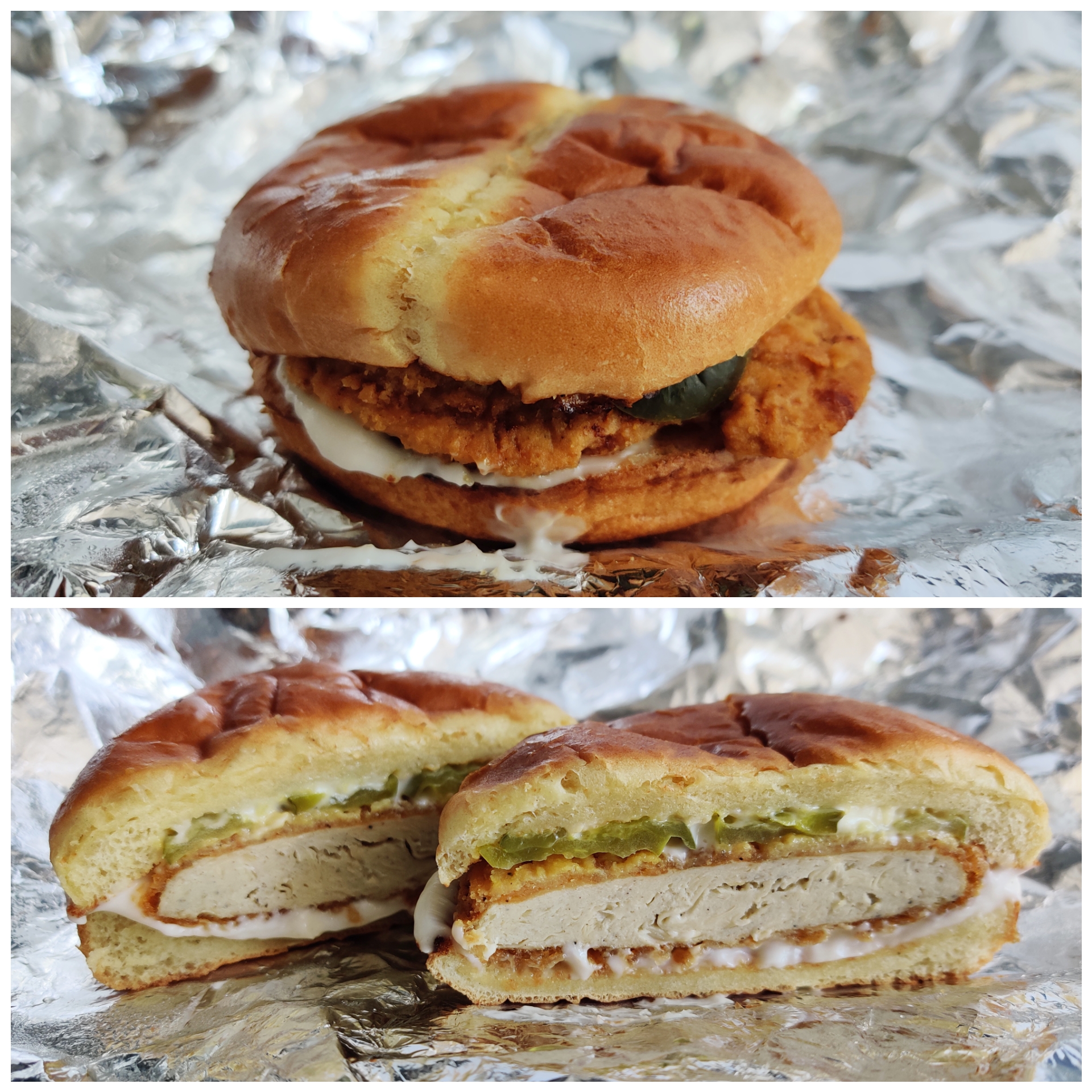Plant based chicken sandwich from Pizza Pizza on a silver wrapper.