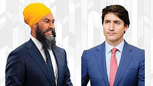 Photo illustration featuring Justin Trudeau, right, and Jagmeet Singh, left, against a grid illustration background