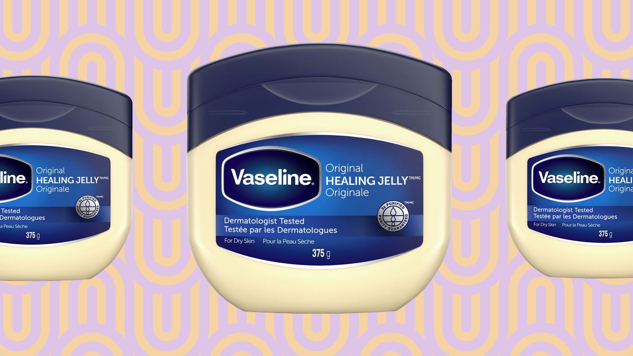 Three tubs of vaseline against a background with a purple and pink design.