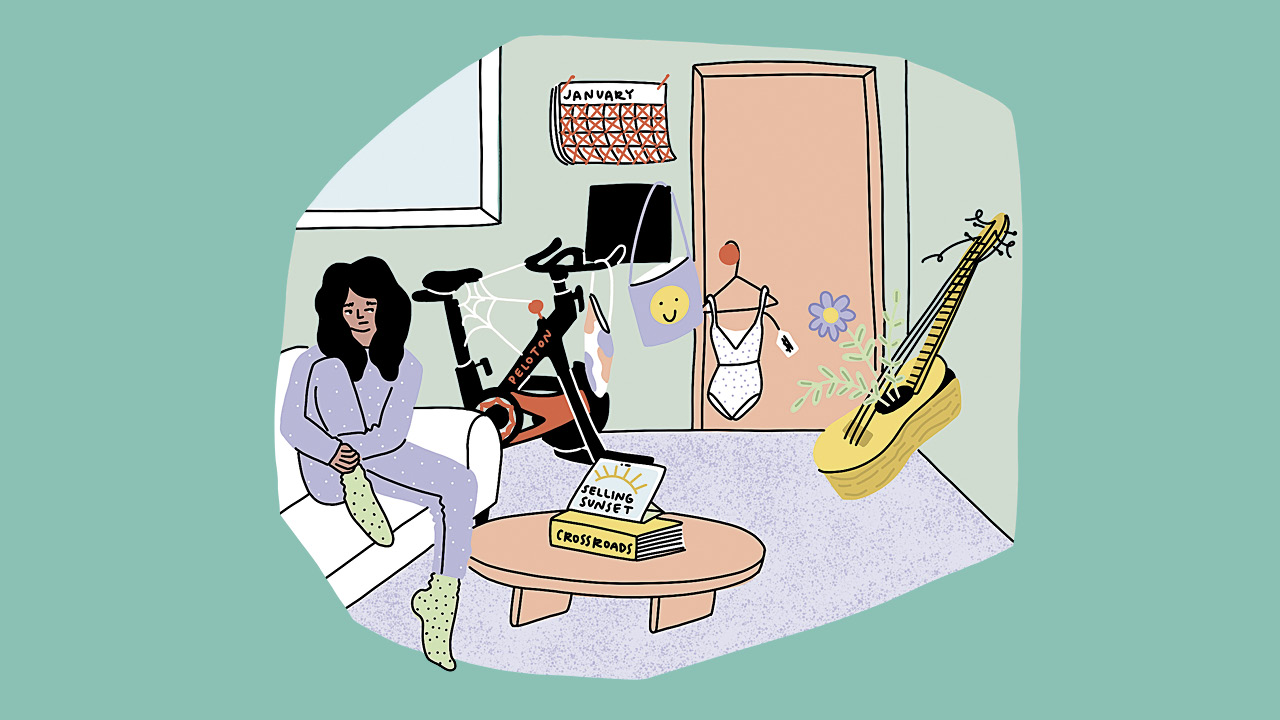 An illustration of a girl in her room, surrounded by objects she bought as New Year's Resolutions.