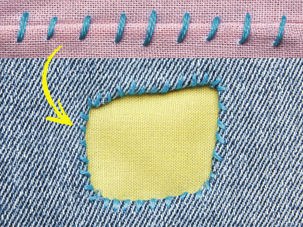 A demonstration of the whip stitch in blue thread on denim and yellow fabric