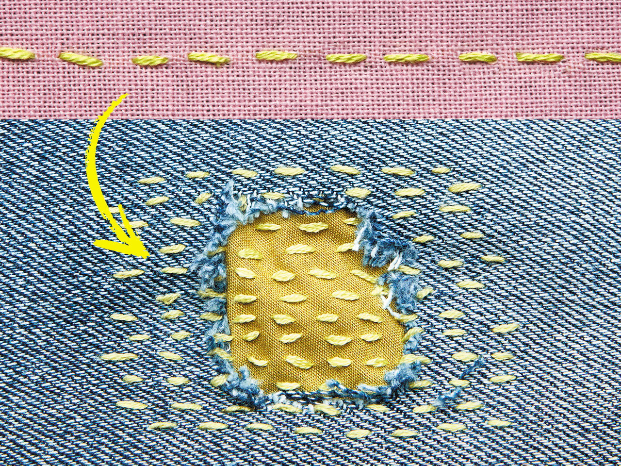 Demonstration of running stitch with yellow thread on denim and yellow fabric
