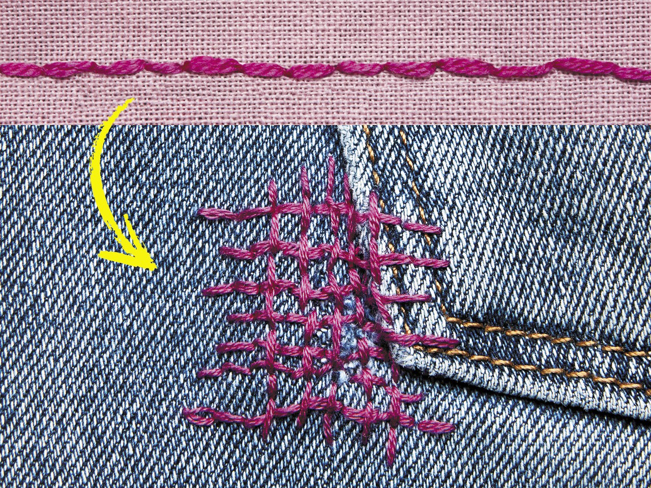 A demonstration of the back stitch with purple thread on denim