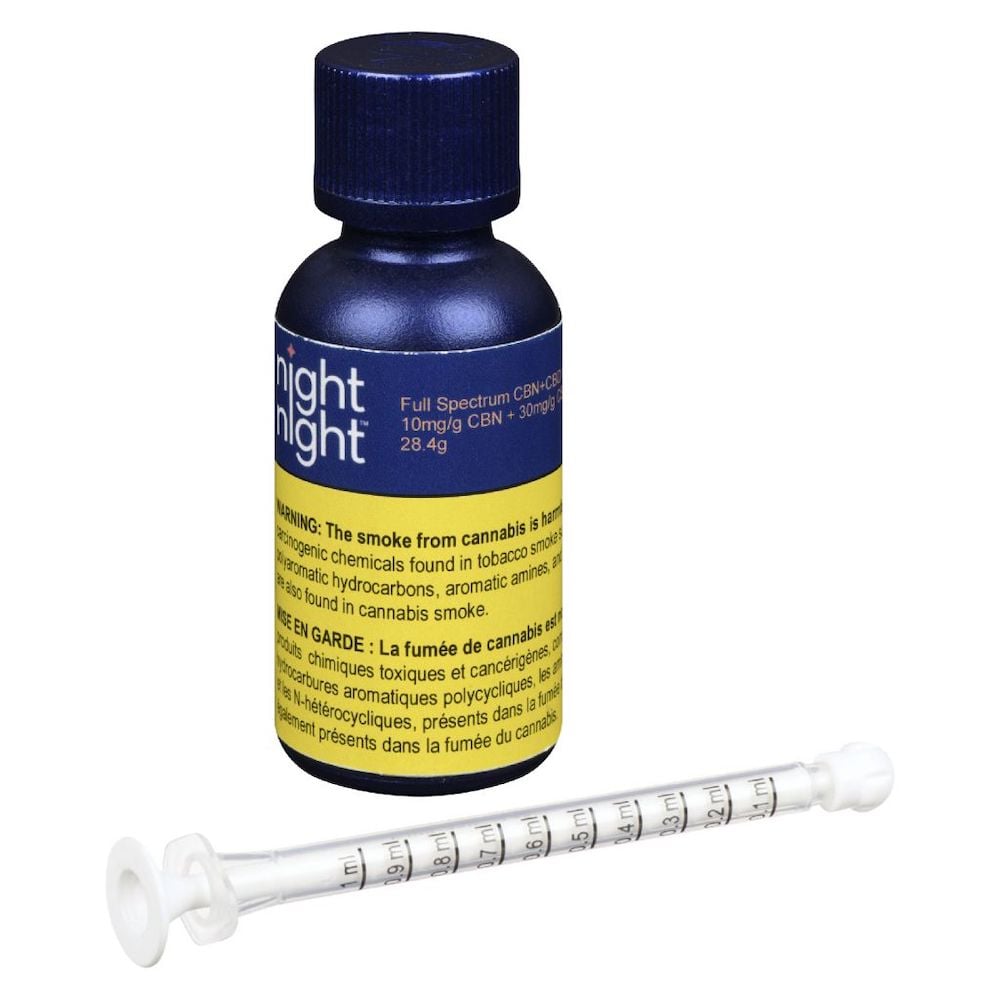 A bottle of Nightnight Full Spectrum CBN + CBD Oil and a tool to dispense the product