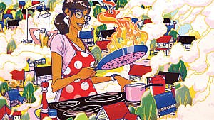 An illustration of a woman cooking a dish over a stove, surrounded by smoke for a feature on how to ease your home off gas