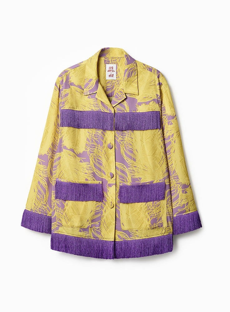 A yellow and purple button-down shacket with fringed hems from the H&M x Iris Apfel collection