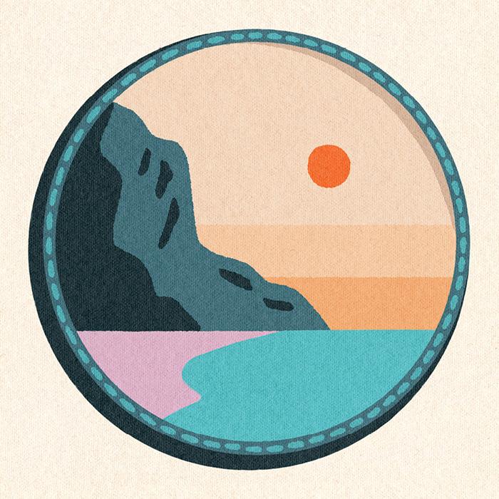 Illustration of Bruce Trail with the sun, a shoreline, and mountains.
