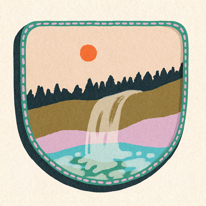 Illustrations of Troll Falls with a sun, waterfall, and treeline.