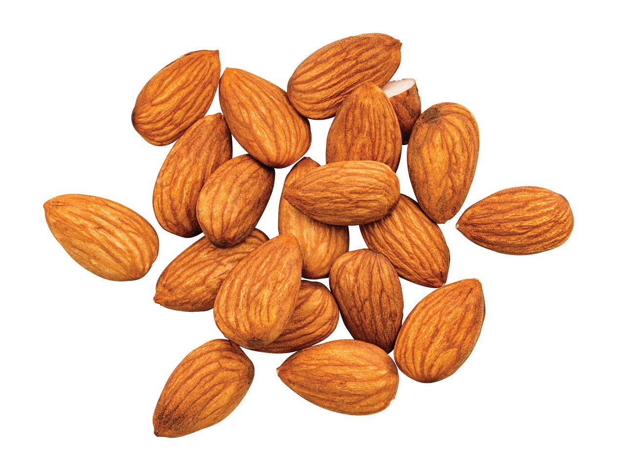 A handful of whole almonds against a white background