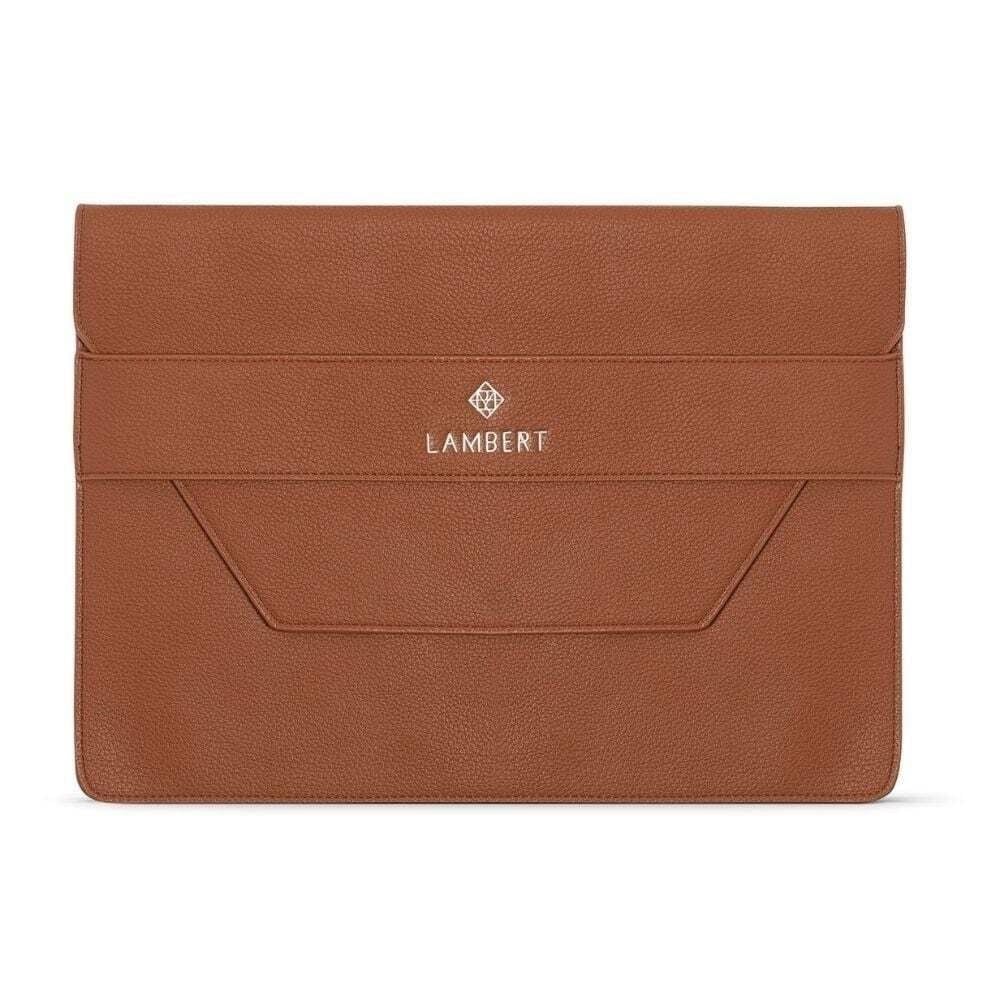 A tan leather laptop sleeve from Lambert for an article on the best laptop bags and sleeves
