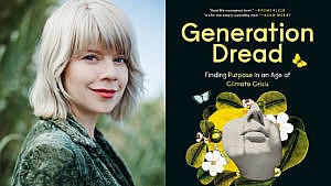 Author Britt Wray, next to the cover her of book Generation Dread.