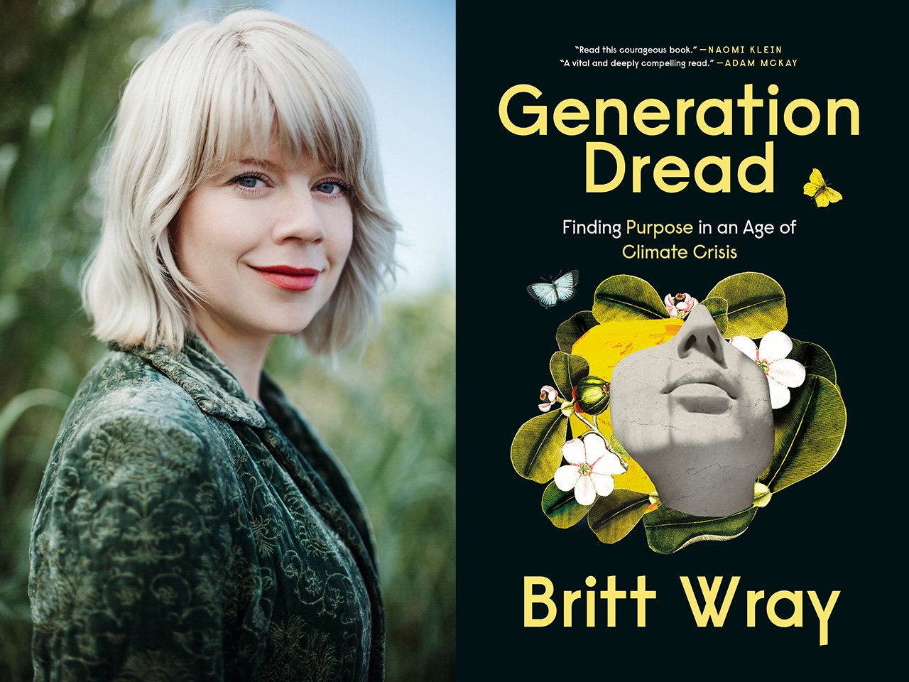 Author Britt Wray, next to the cover her of book Generation Dread.