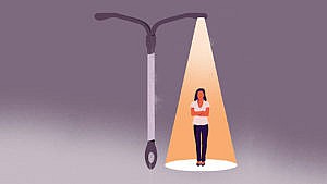 Midwives in Canada: An illustration of a woman standing alone under the beam of a streetlight resembling an IUD