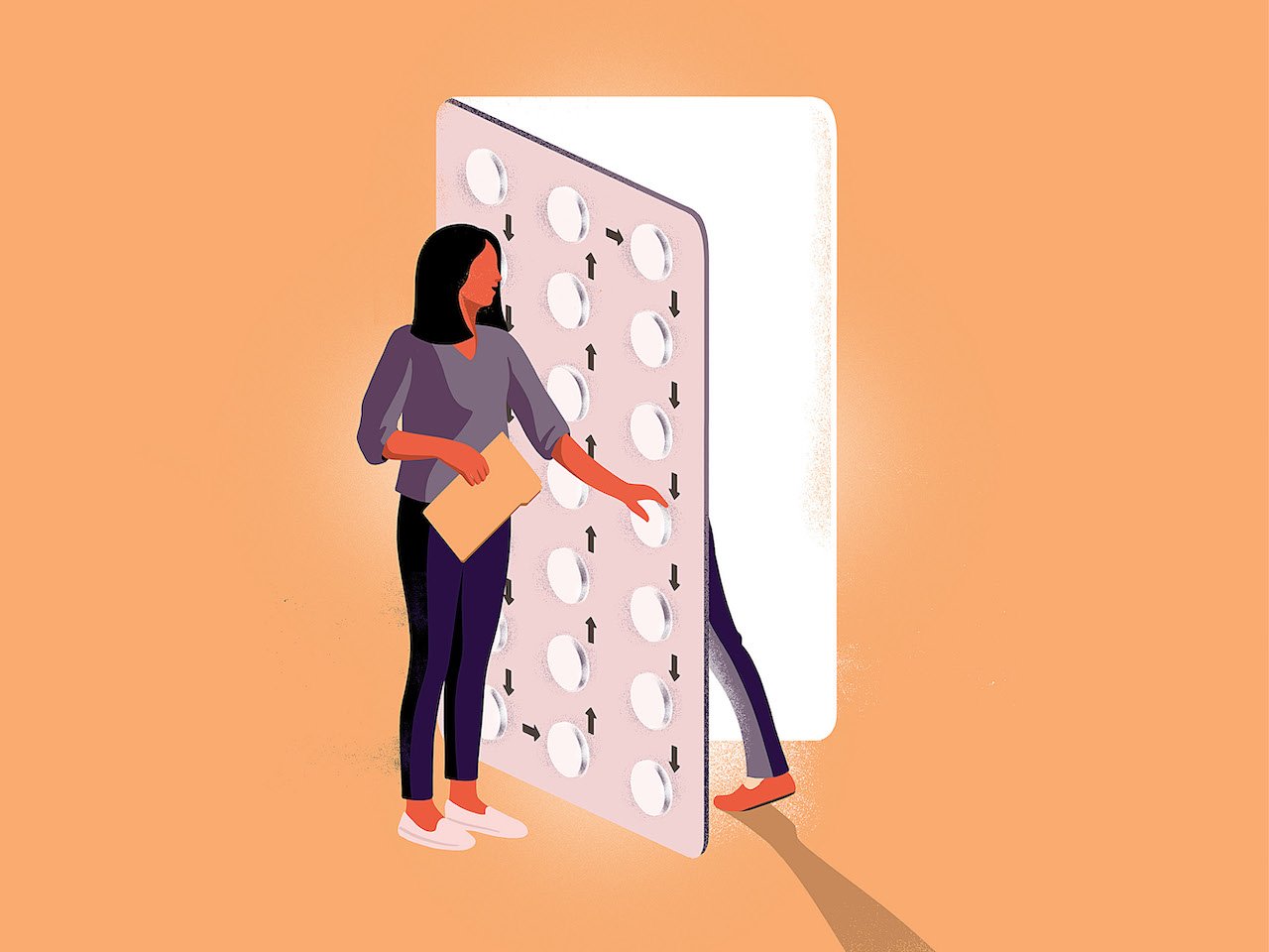 Midwives in Canada: an illustration of a woman holding a clipboard opening a door that resembles a pack of birth control pills