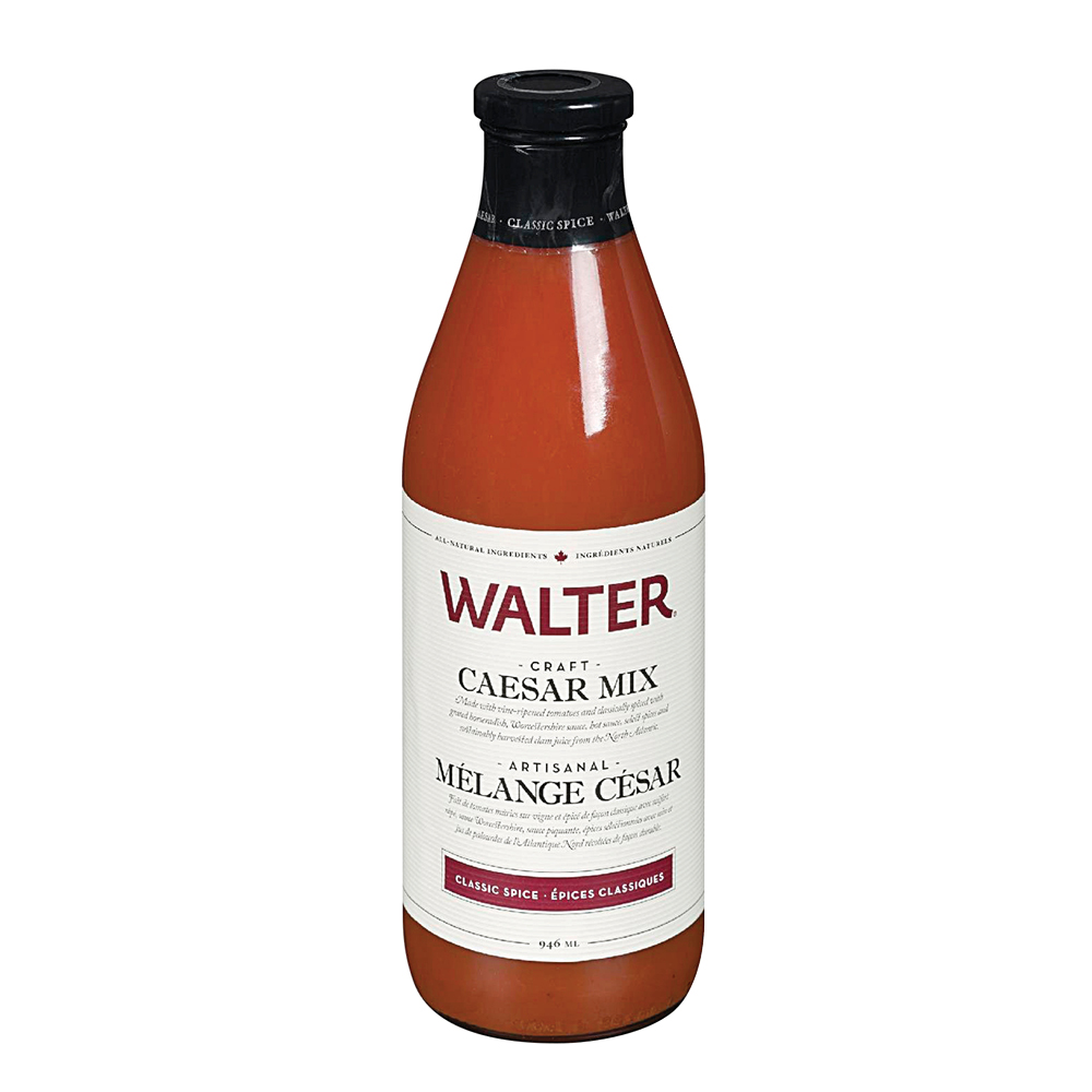 Bottle with red liquid inside and a label reading Craft Caesar Mix. 