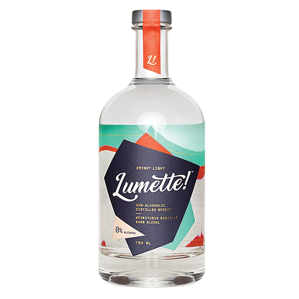 A clear bottle with a label that is turquoise and orange reading "Lumette!"
