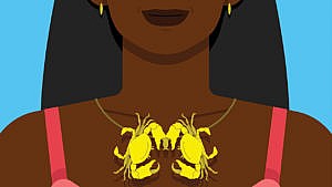 An illustration of a woman's face and shoulders wearing a crab necklace to illustrate the cancer sign