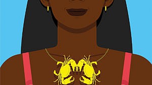 Illustration of a women from chin down in a red tank and crab necklace.