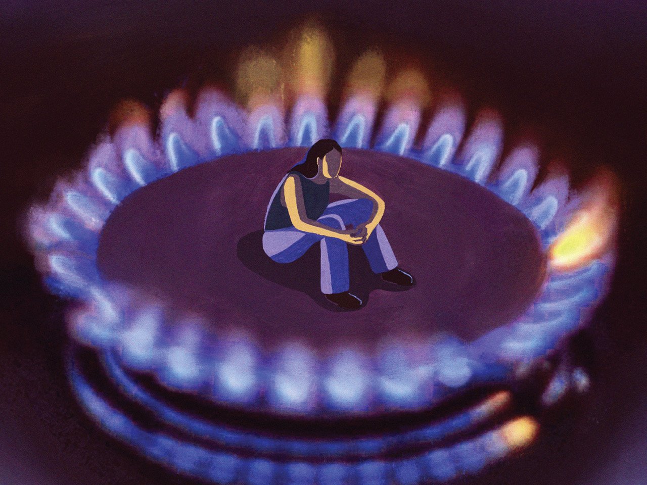Illustration of women sitting on a purple floor surrounded by match flames.