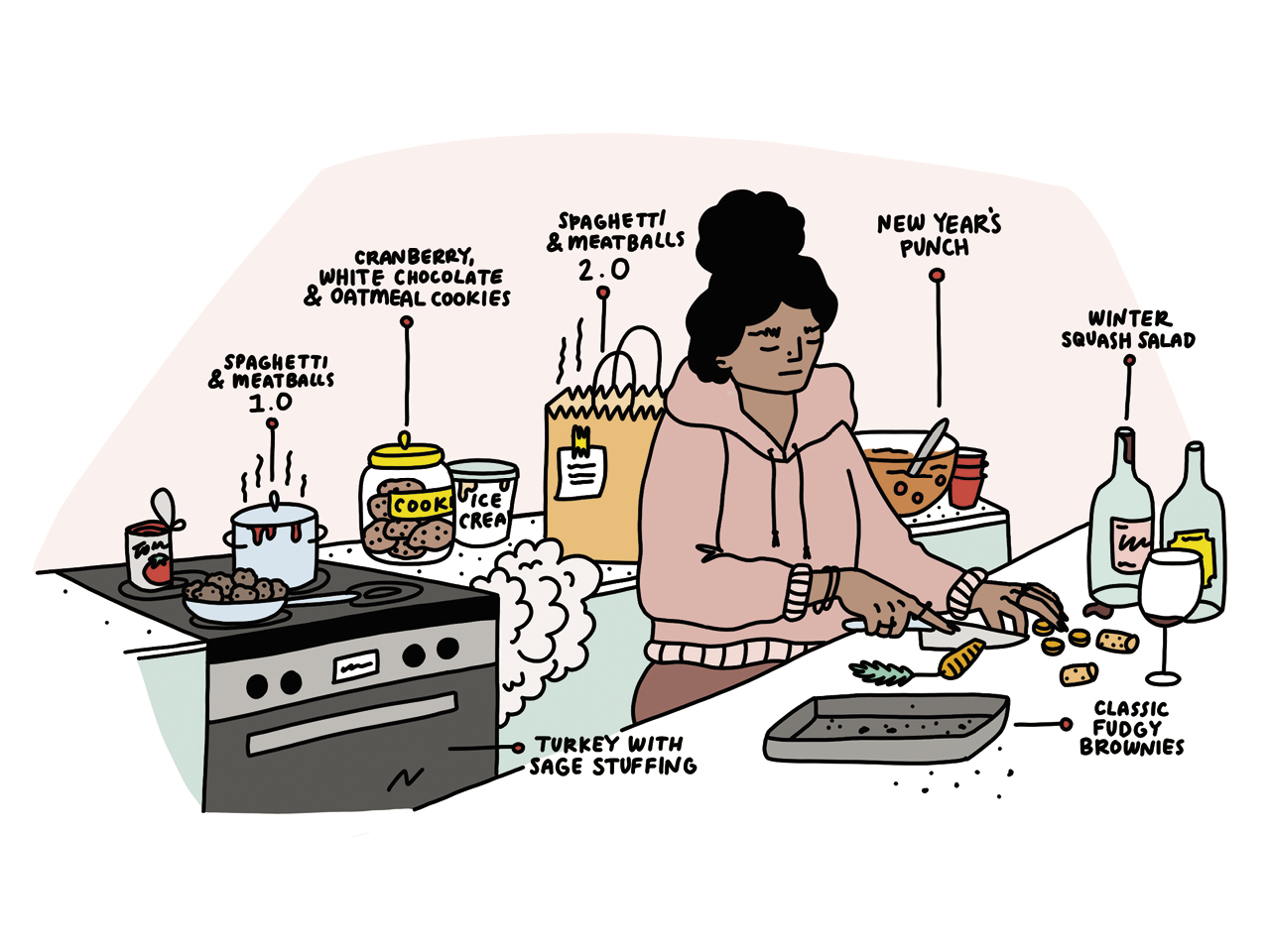 Illustration of girl in a pink hoodie, in her kitchen cutting vegetables with multiple labelled recipes around her.