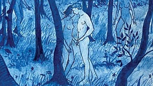 An illustration of a man and woman kissing nude in the forest