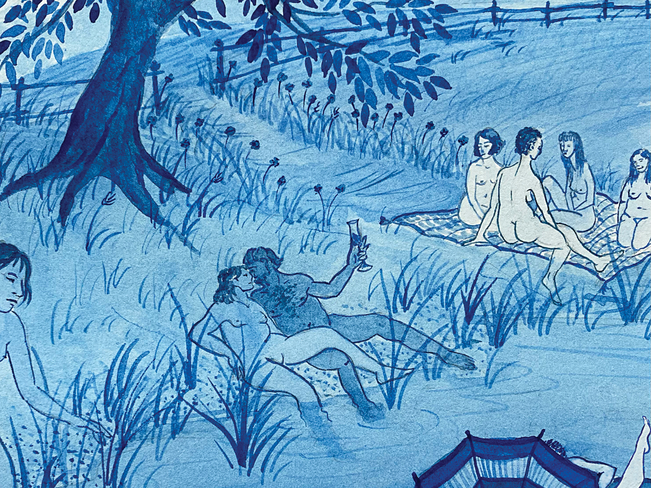 An illustration of a couple frolicking nude in a field next to a group of other nude people.