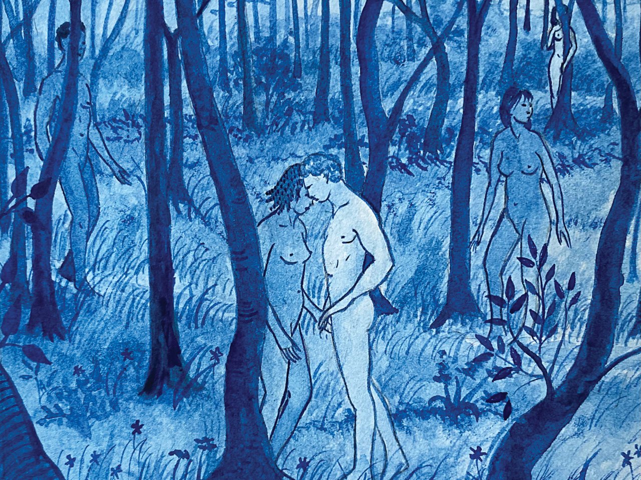 An illustration of a man and woman kissing nude in the forest