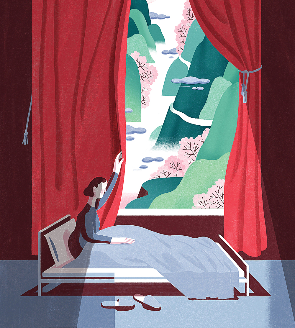 Illustration of a woman looking out a curtain from her bed