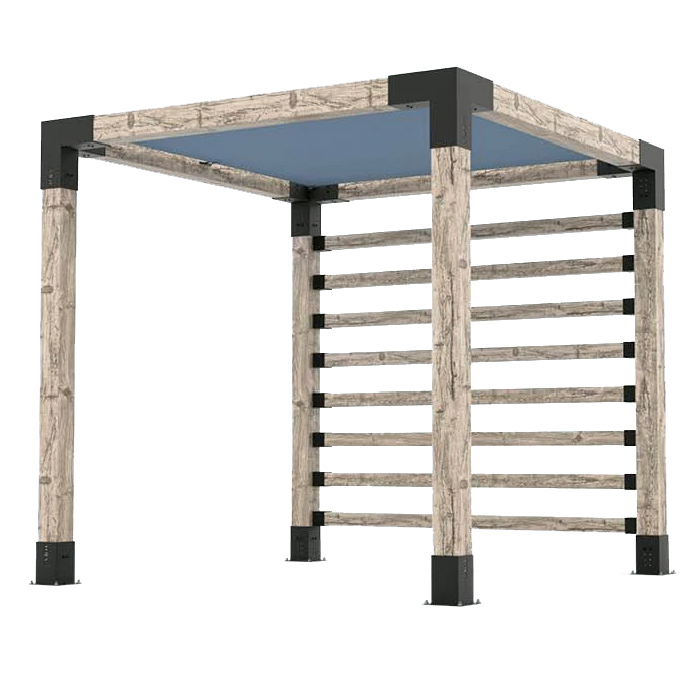 Photo of a wooden pergola with a metal roof