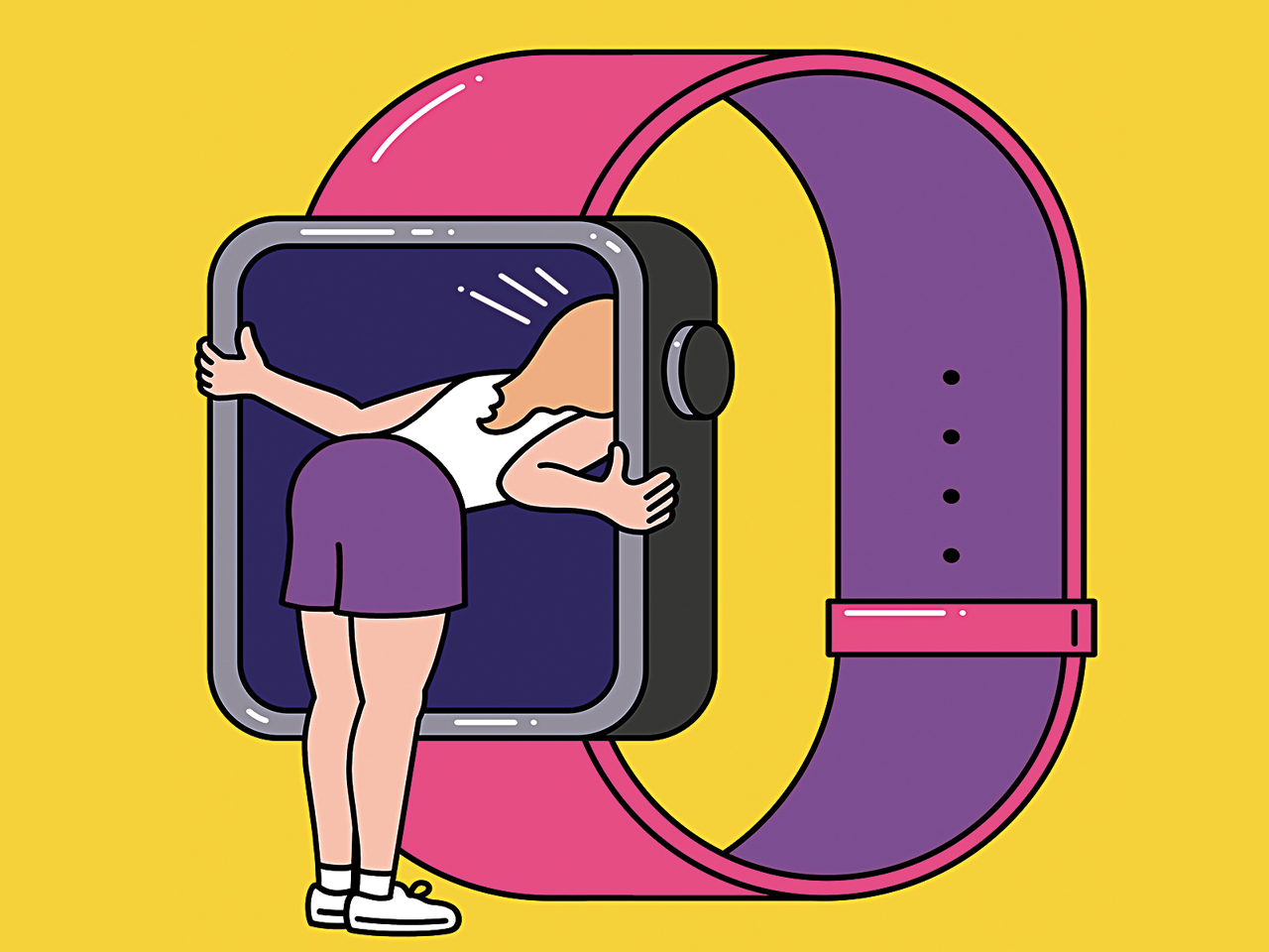 A colourful illustration of a woman with her head instead a giant Apple Watch