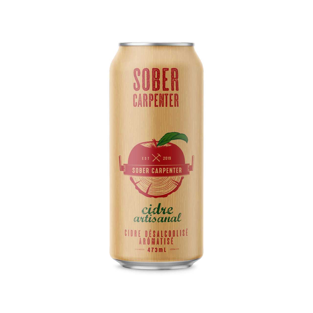 A tall and light brown can with an illustrated image of a red apple.