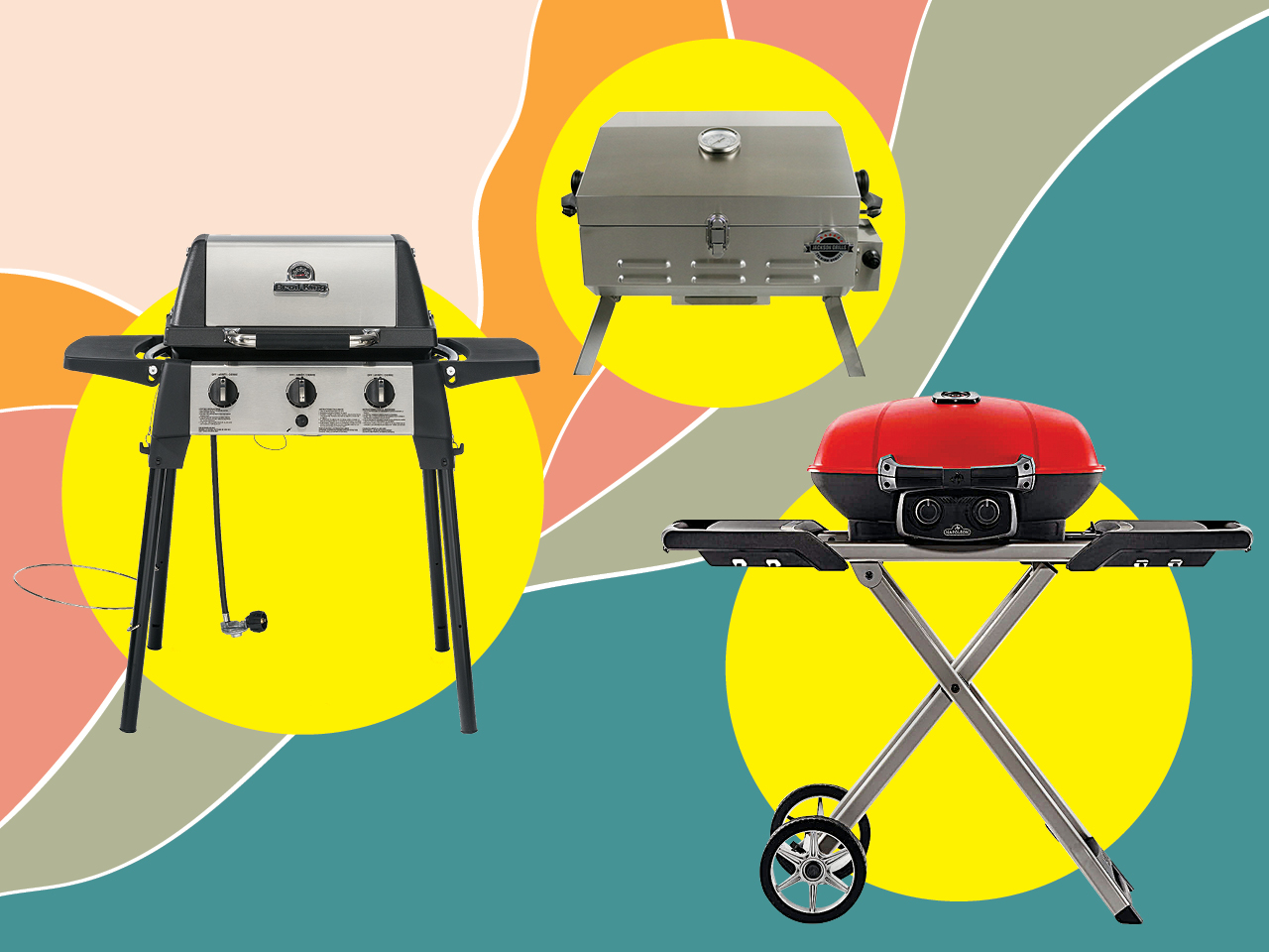 Three portable barbecues pictured against a colourful backdrop of wavy lines