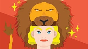 An illustration of a woman with a lion on her head to illustrate the Leo sign