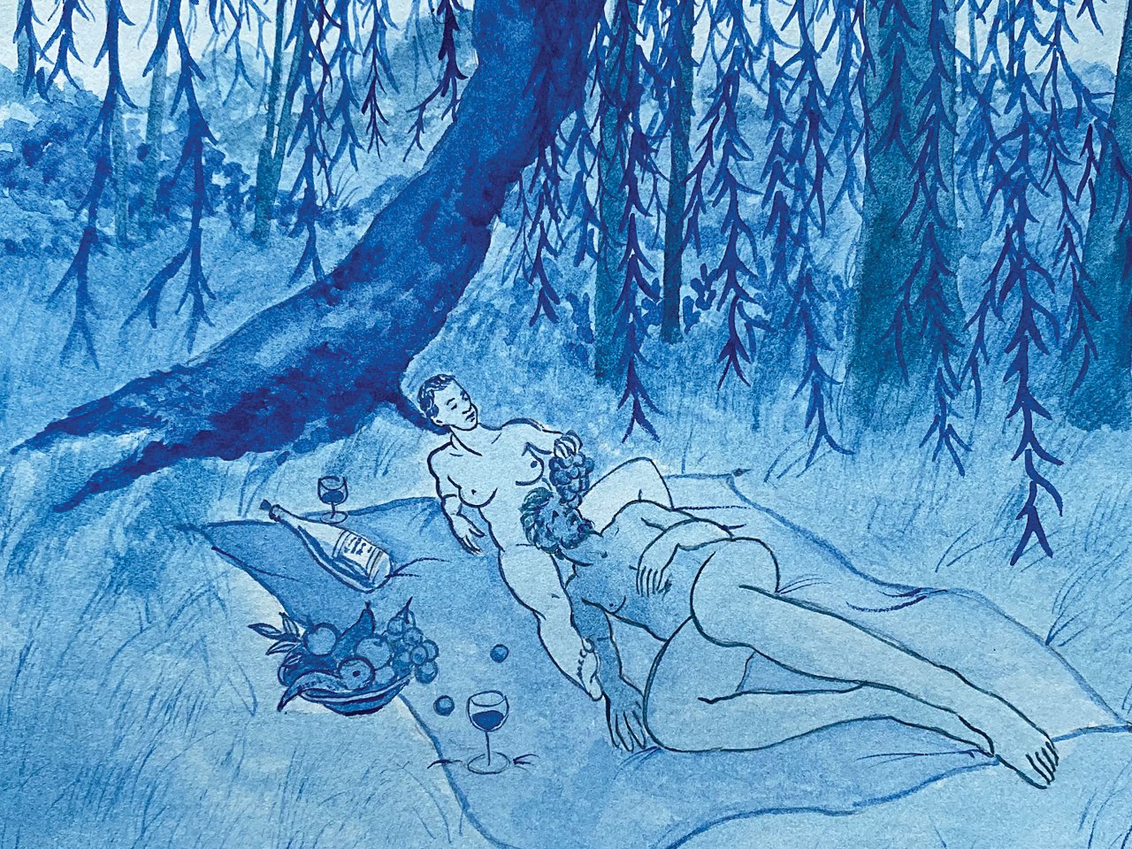 Illustration of a couple lying nude on a blanket in the forest