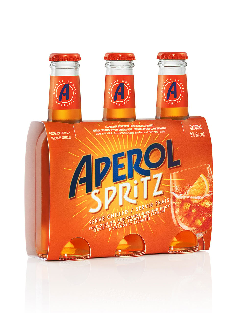 A three pack of bottled aperol spritz cocktails
