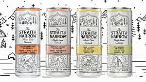 Four canned Strait & Narrow cocktails on a black and white illustrated camping/forest-themed background