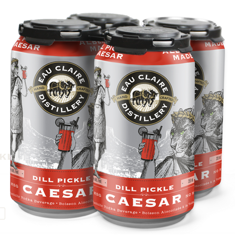 A four-can pack of Eau CLaire Distillery's Dill pickle caesar cocktail in cans