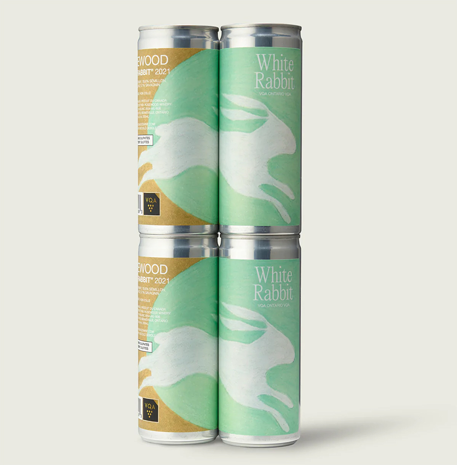 Four stacked cans of Rosewood White Rabbit wine on a white background