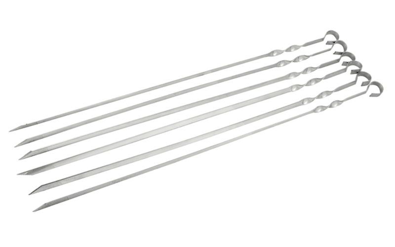 metal barbecue skewers that are flat with a hook at the end on a white background