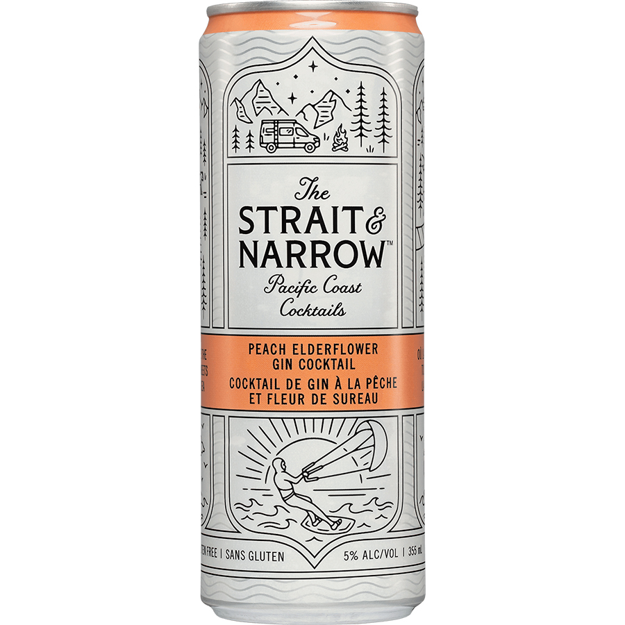 A can of Strait & Narrow Pacific Coast Cocktails peach elderflower gin cocktail on a white background