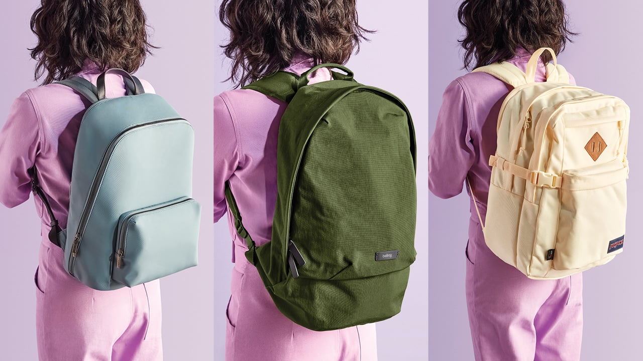 Three photos of a woman in a lilac jumpsuit, wearing a different backpack in each photo