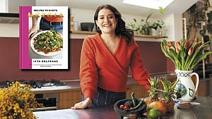 A photo of cookbook author Ixta Belfrage inlaid with the cover of her cookbook Mezcla