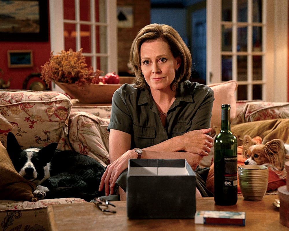 A film still from the movie The Good House showing actress Sigourney Weaver sitting on a couch with two dogs next to her and a opened box in front of her