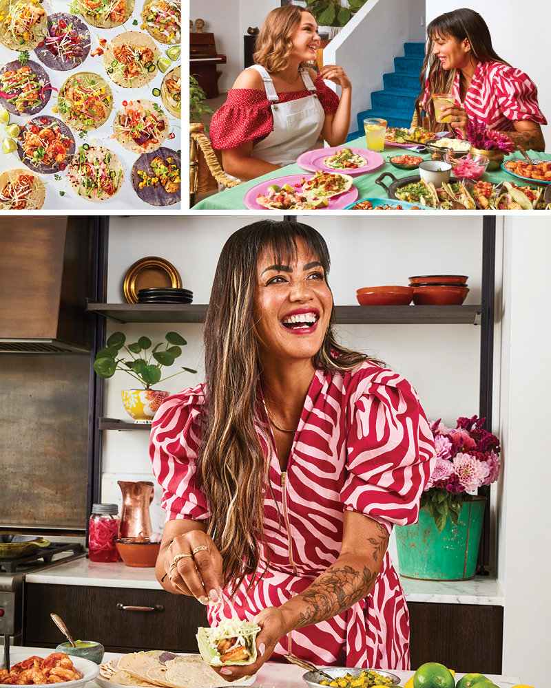 A tile of images showing a woman and her friends celebrating a taco bar at home, including a shot of tacos and fixings laid out on a table and friends chatting